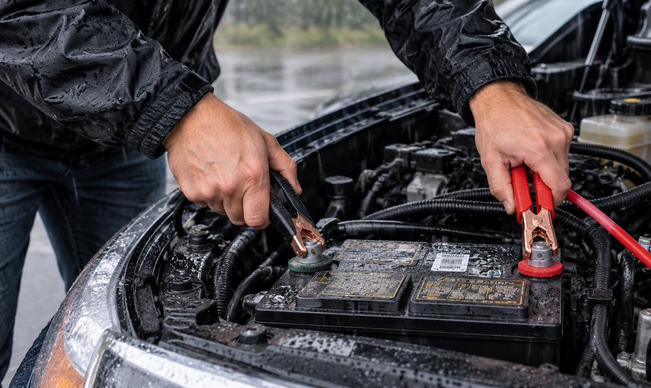 Jump car battery in rain